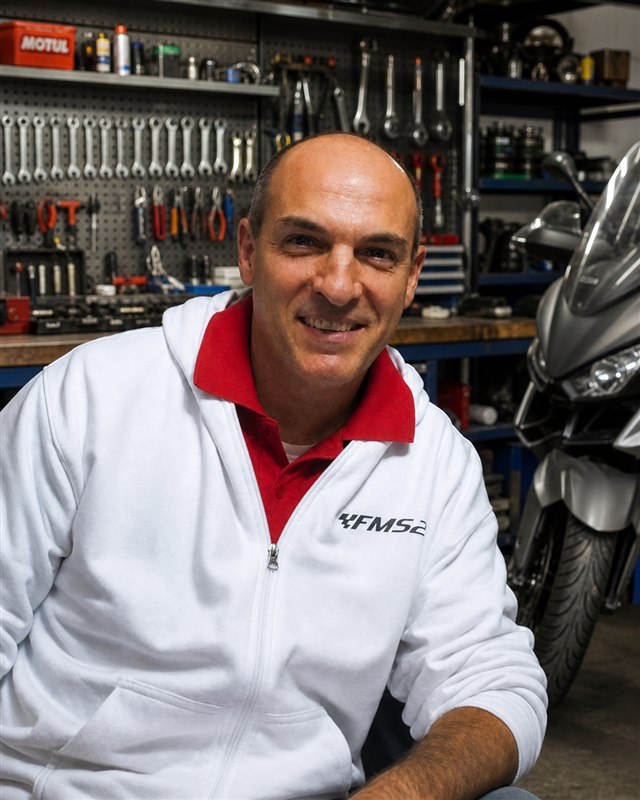 Pierluigi Bracchi, titolare di FMS2, nell’officina moto