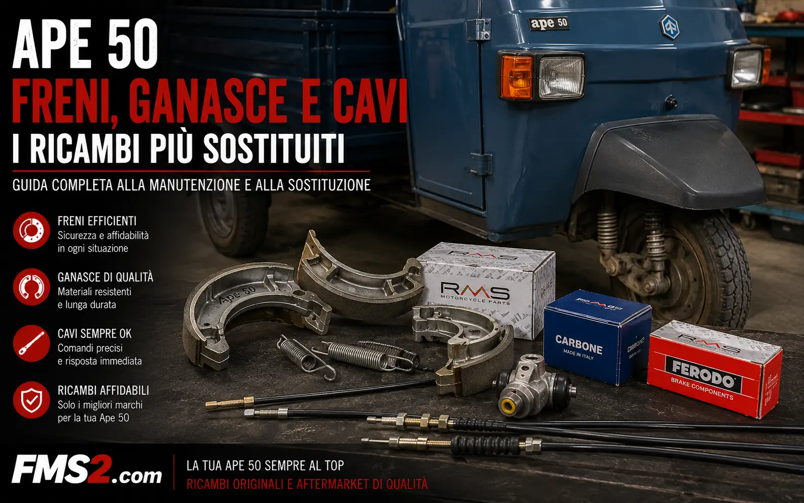Ape 50: freni, ganasce, cavi e ricambi più sostituiti