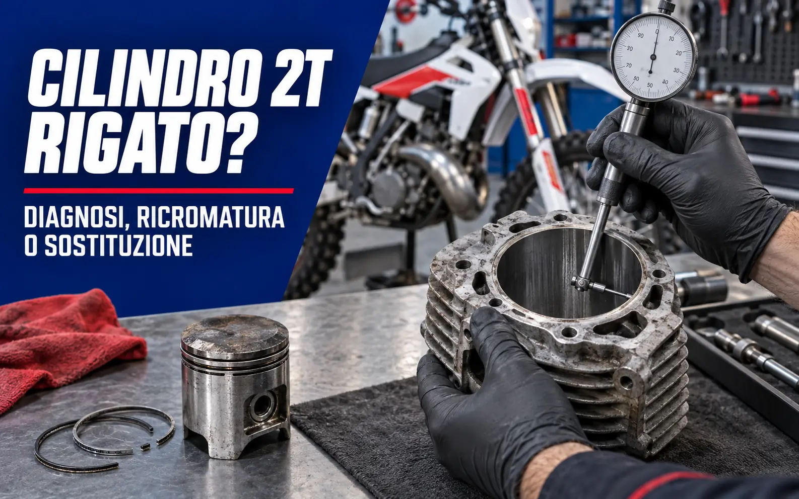 Cilindro 2T rigato controllato con alesametro insieme a pistone e fasce elastiche