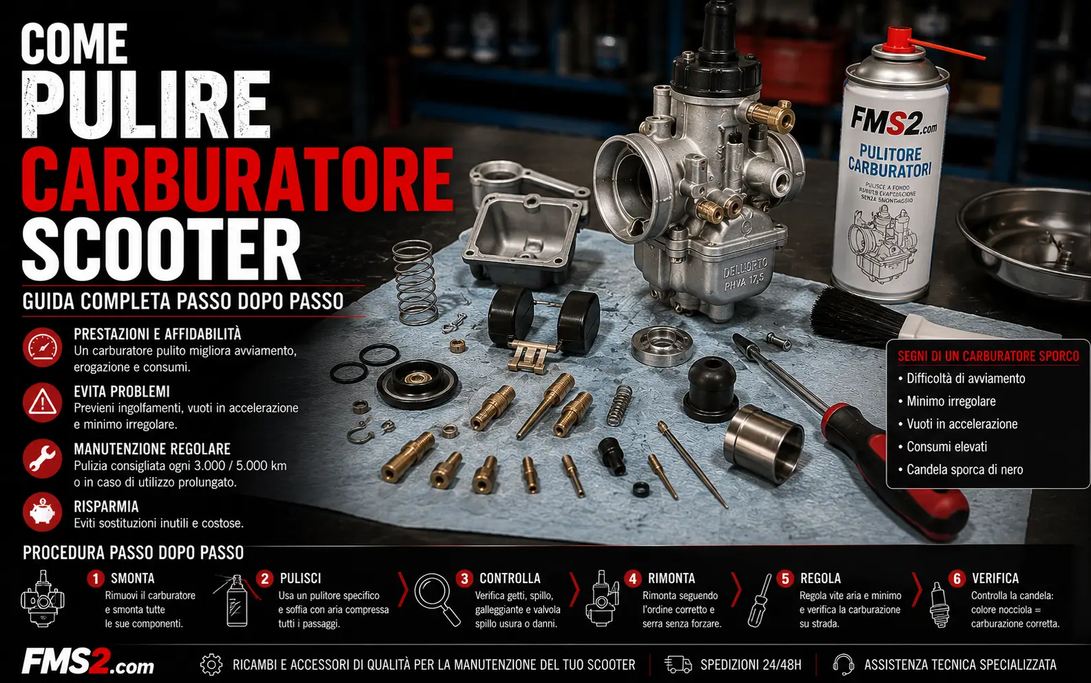 Carburatore scooter smontato per pulizia getti spillo guarnizioni e ricambi