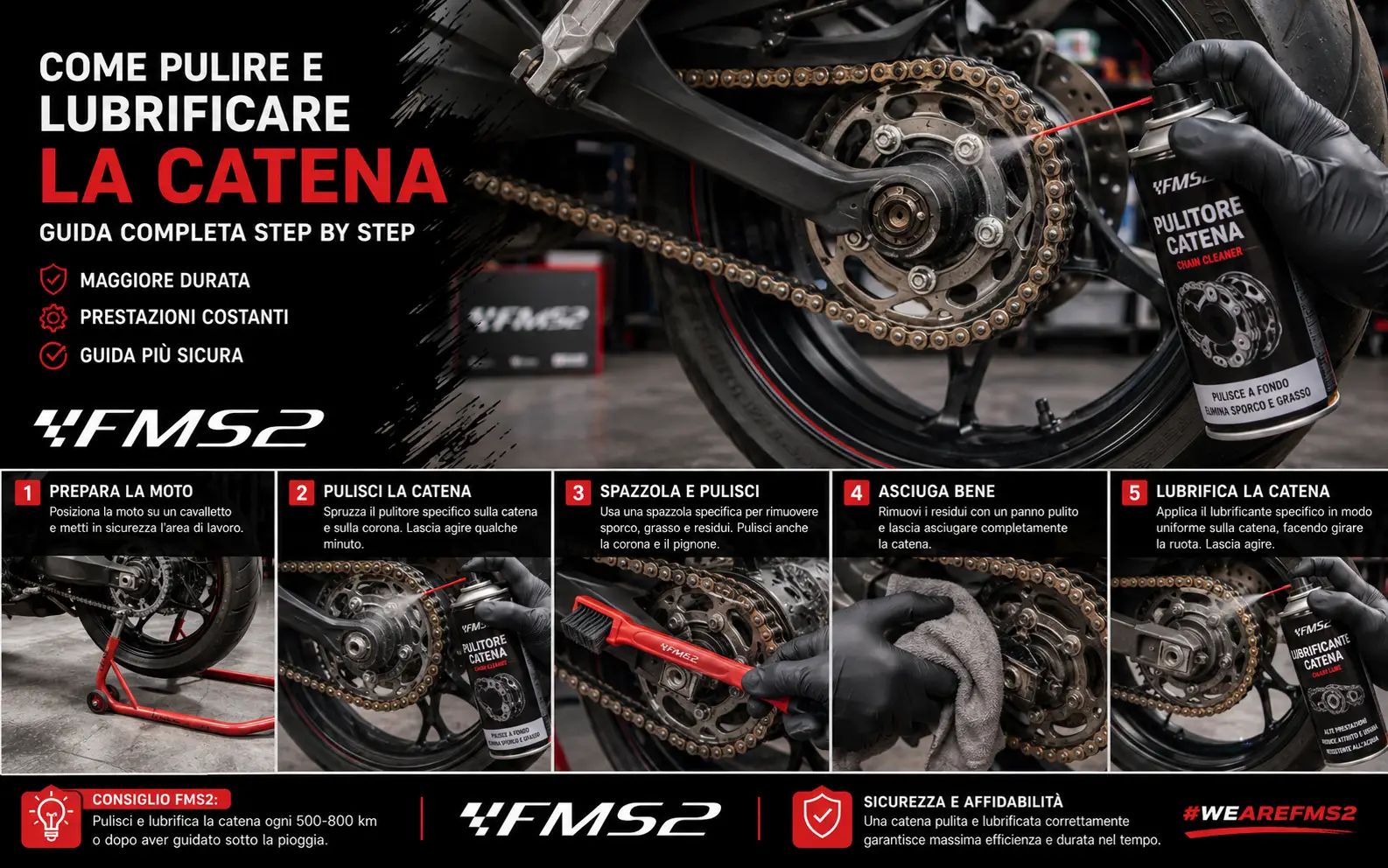 Catena moto: come pulirla, lubrificarla e capire quando cambiare kit catena corona pignone - guida FMS2 ricambi moto scooter e Vespa