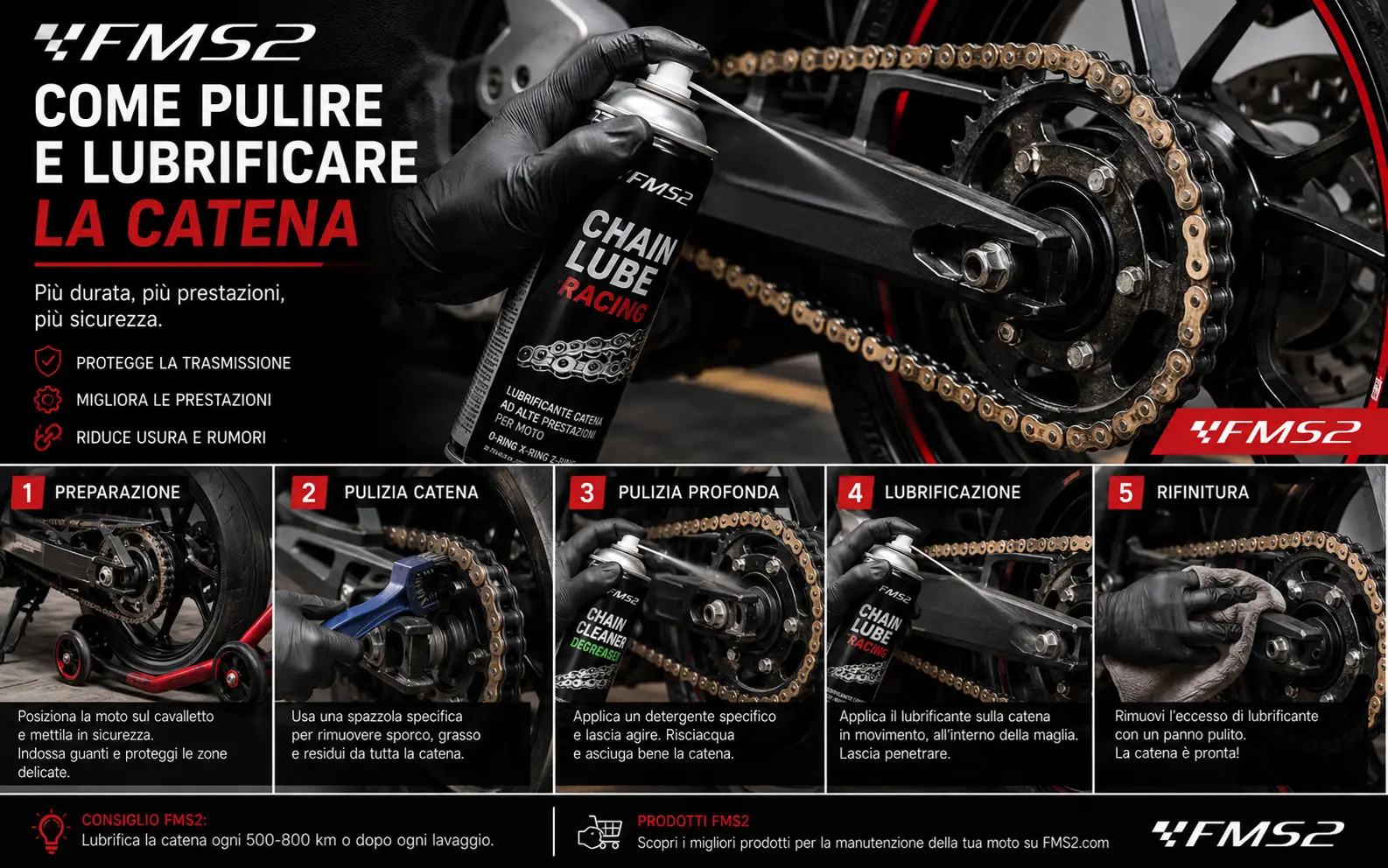 Catena moto: come pulirla, lubrificarla e capire quando cambiare kit catena corona pignone - guida FMS2 ricambi moto scooter e Vespa