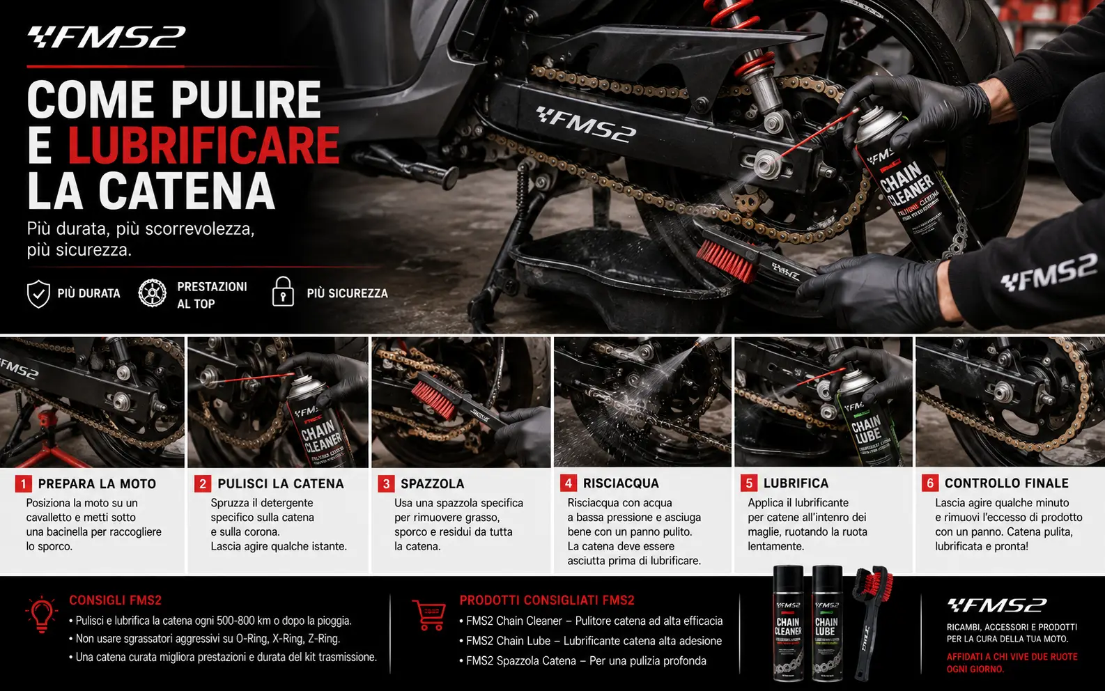 Catena moto: come pulirla, lubrificarla e capire quando cambiare kit catena corona pignone - guida FMS2 ricambi moto scooter e Vespa