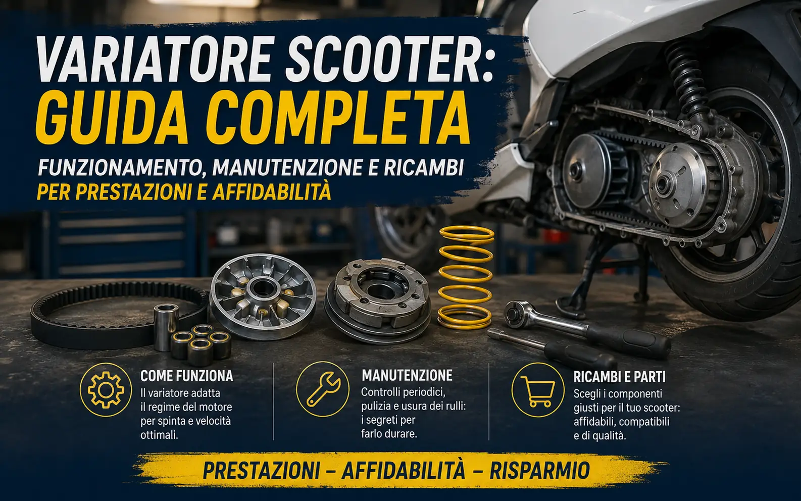 Variatore scooter smontato con rulli, cinghia, frizione e componenti della trasmissione durante il controllo dei cursori