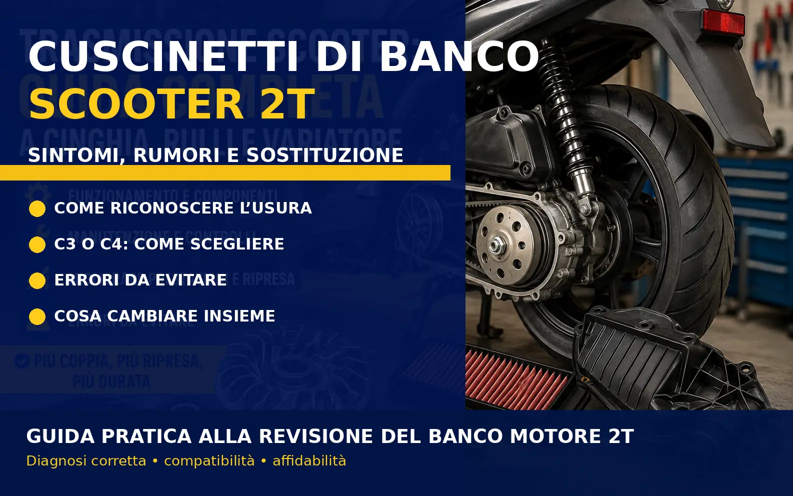 Cuscinetti di banco scooter 2T con albero motore, paraoli e componenti del motore su banco officina