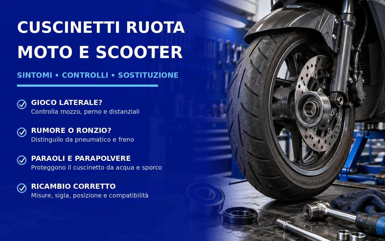 Cuscinetti ruota moto e scooter con mozzo, paraolio e attrezzi durante controllo in officina