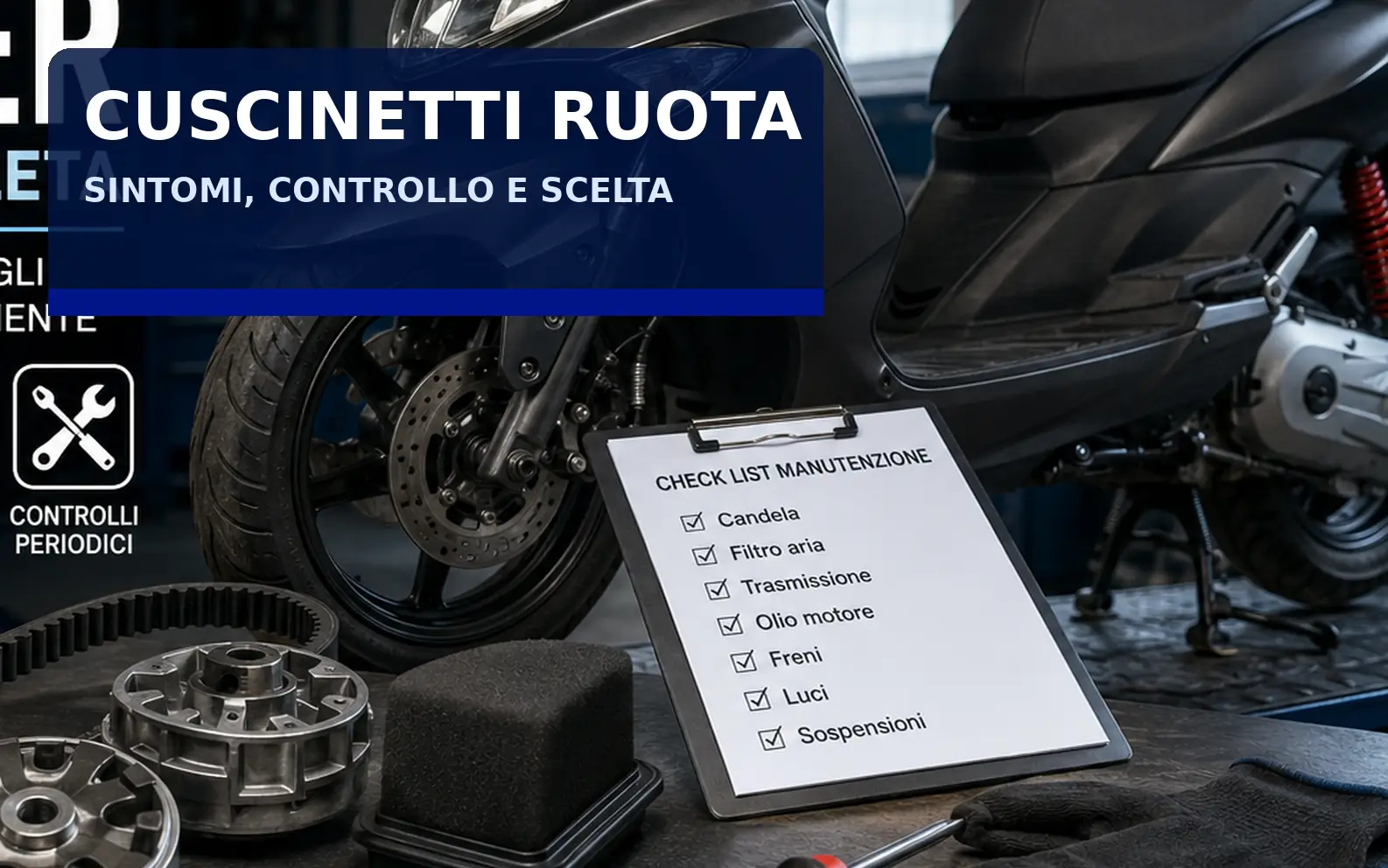 Controllo dei cuscinetti della ruota anteriore di uno scooter in officina