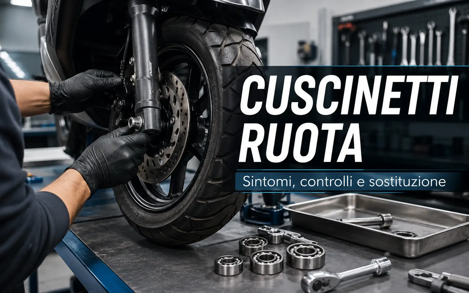 Controllo cuscinetti ruota scooter con ruota posteriore, mozzo e componenti smontati in officina