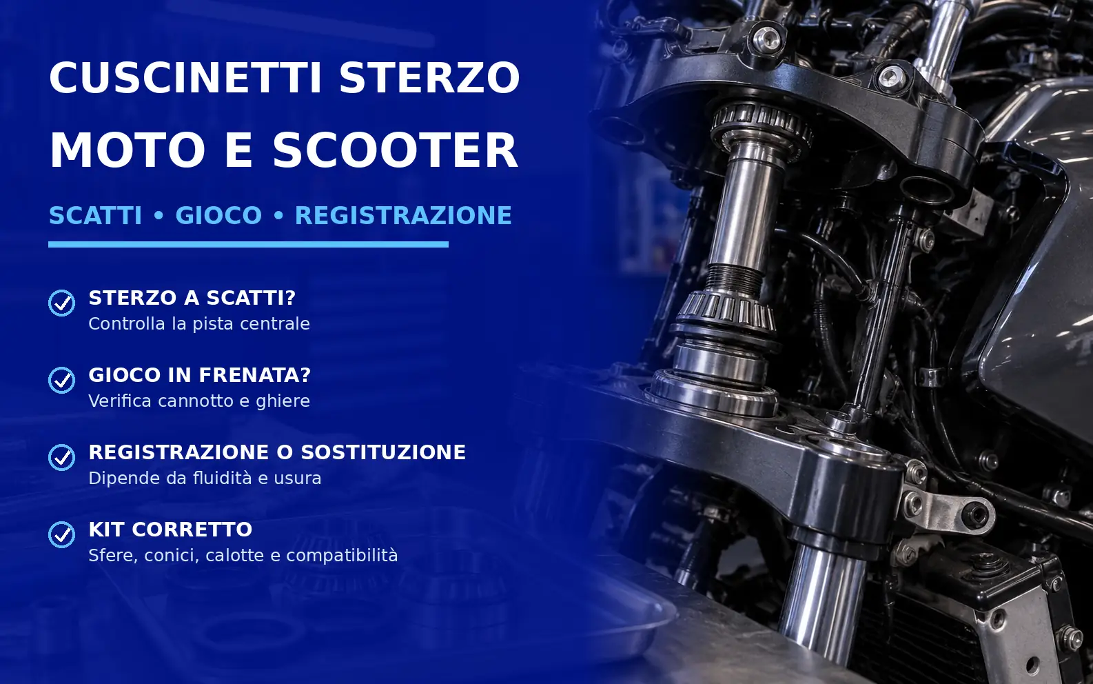 Cuscinetti sterzo moto e scooter con cannotto, calotte e attrezzi durante controllo in officina