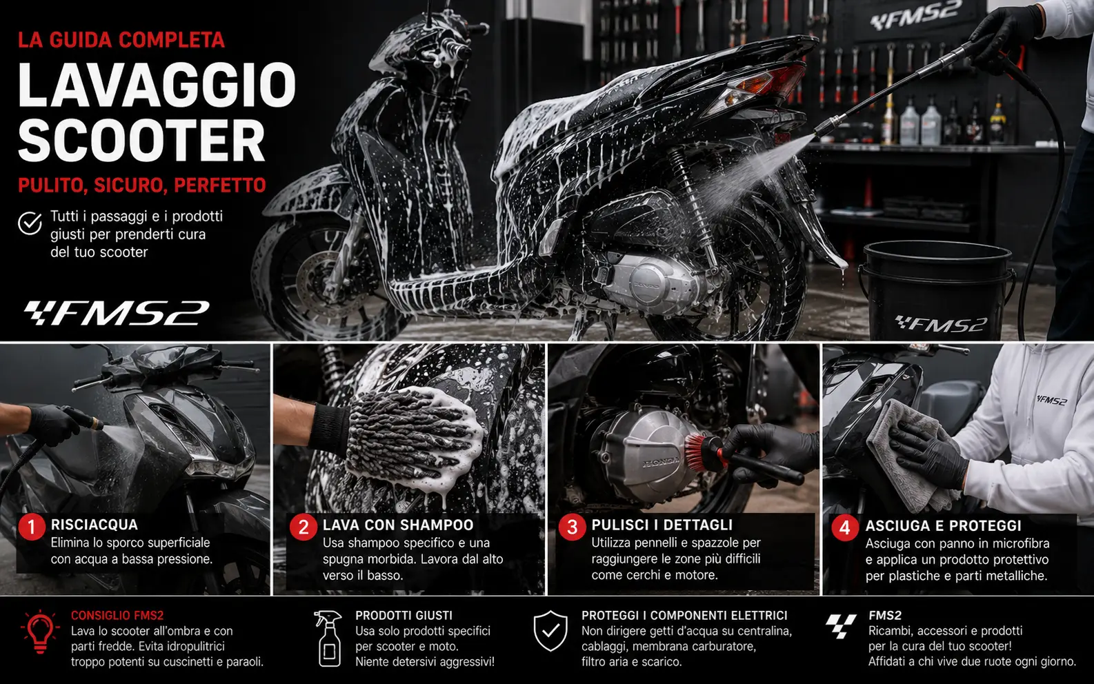 Lavaggio scooter: come pulirlo senza rovinare plastiche, freni, elettrico e sella - guida FMS2 ricambi moto scooter e Vespa