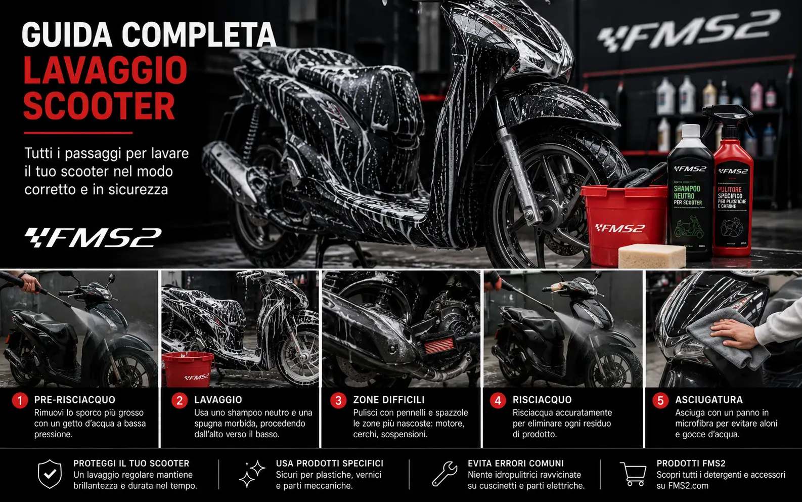 Lavaggio scooter: come pulirlo senza rovinare plastiche, freni, elettrico e sella - guida FMS2 ricambi moto scooter e Vespa