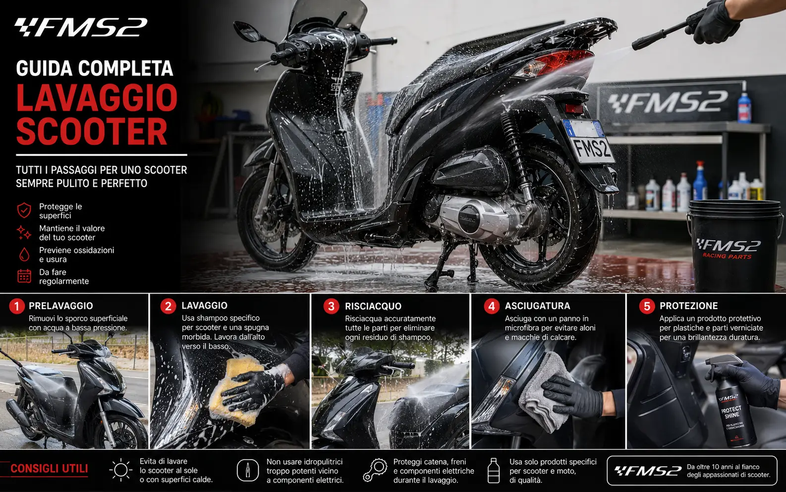 Lavaggio scooter: come pulirlo senza rovinare plastiche, freni, elettrico e sella - guida FMS2 ricambi moto scooter e Vespa