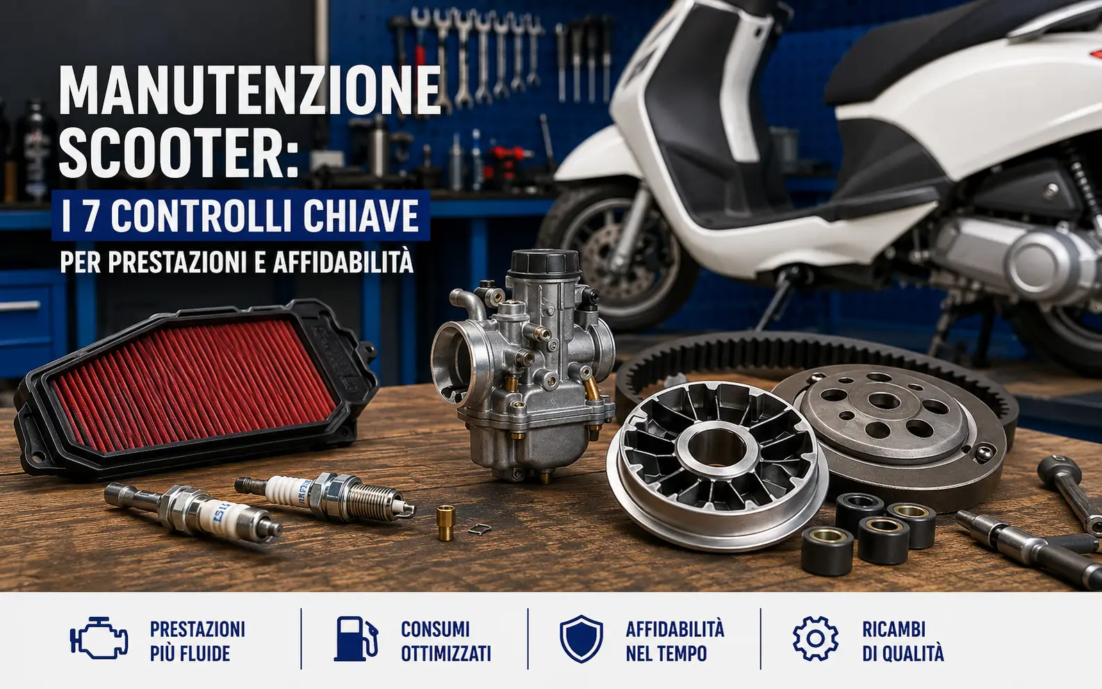 Manutenzione scooter con filtro aria, candela, variatore, cinghia e componenti da controllare