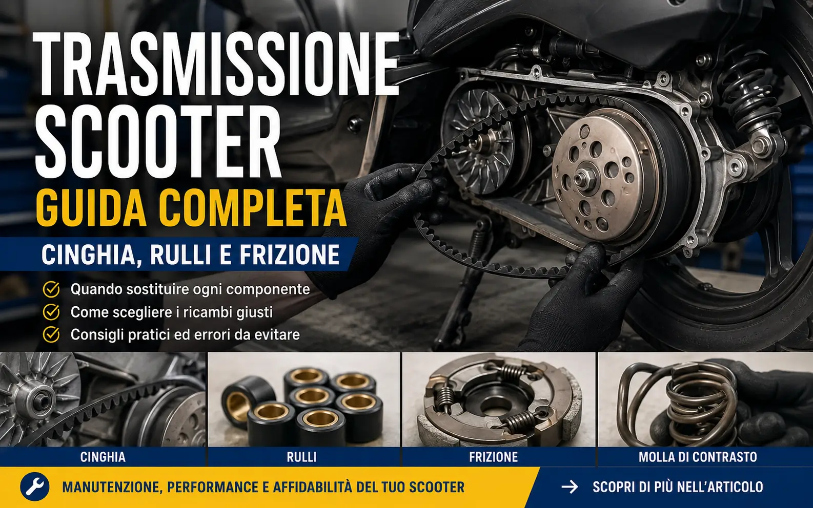 Molla di contrasto scooter con variatore, cinghia, rulli e frizione durante il controllo della trasmissione