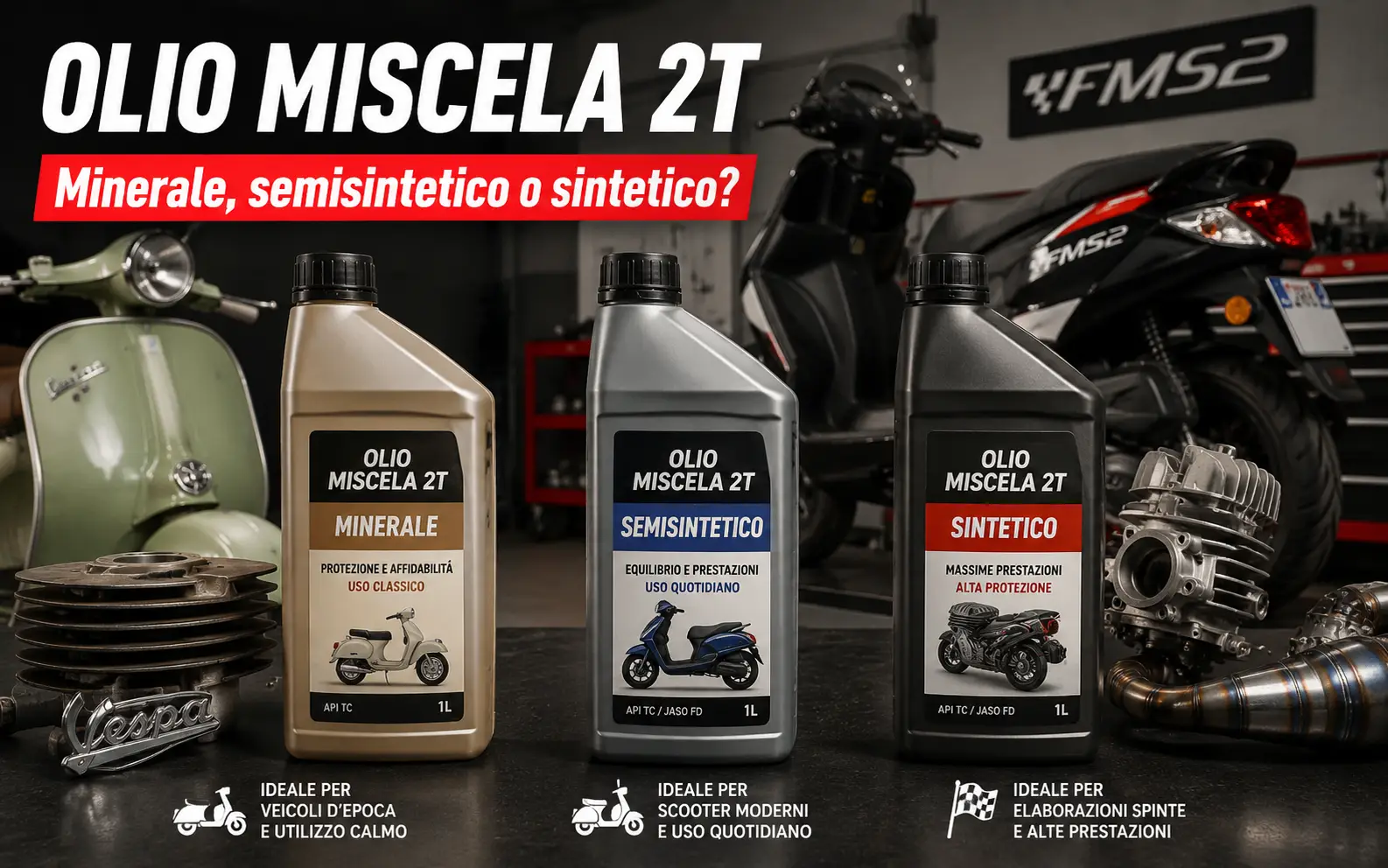 Olio miscela 2T minerale, semisintetico o sintetico: quale scegliere per scooter, Vespa e moto - guida FMS2 ricambi moto scooter e Vespa