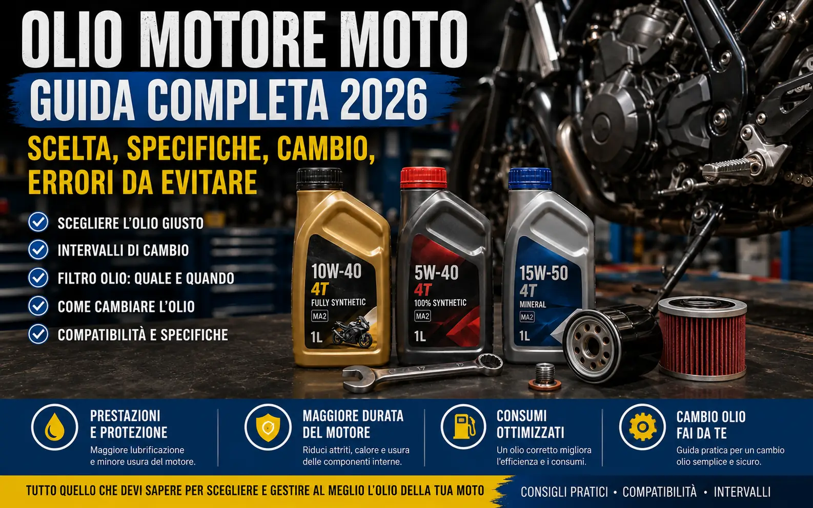 Olio moto 10W-40, 5W-40 e 15W-50 con filtro olio e motore in officina