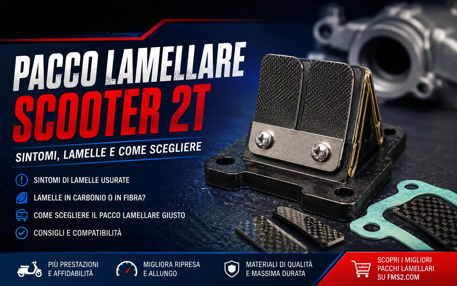 Pacco lamellare scooter 2T con lamelle, collettore e carburatore durante controllo dell'aspirazione