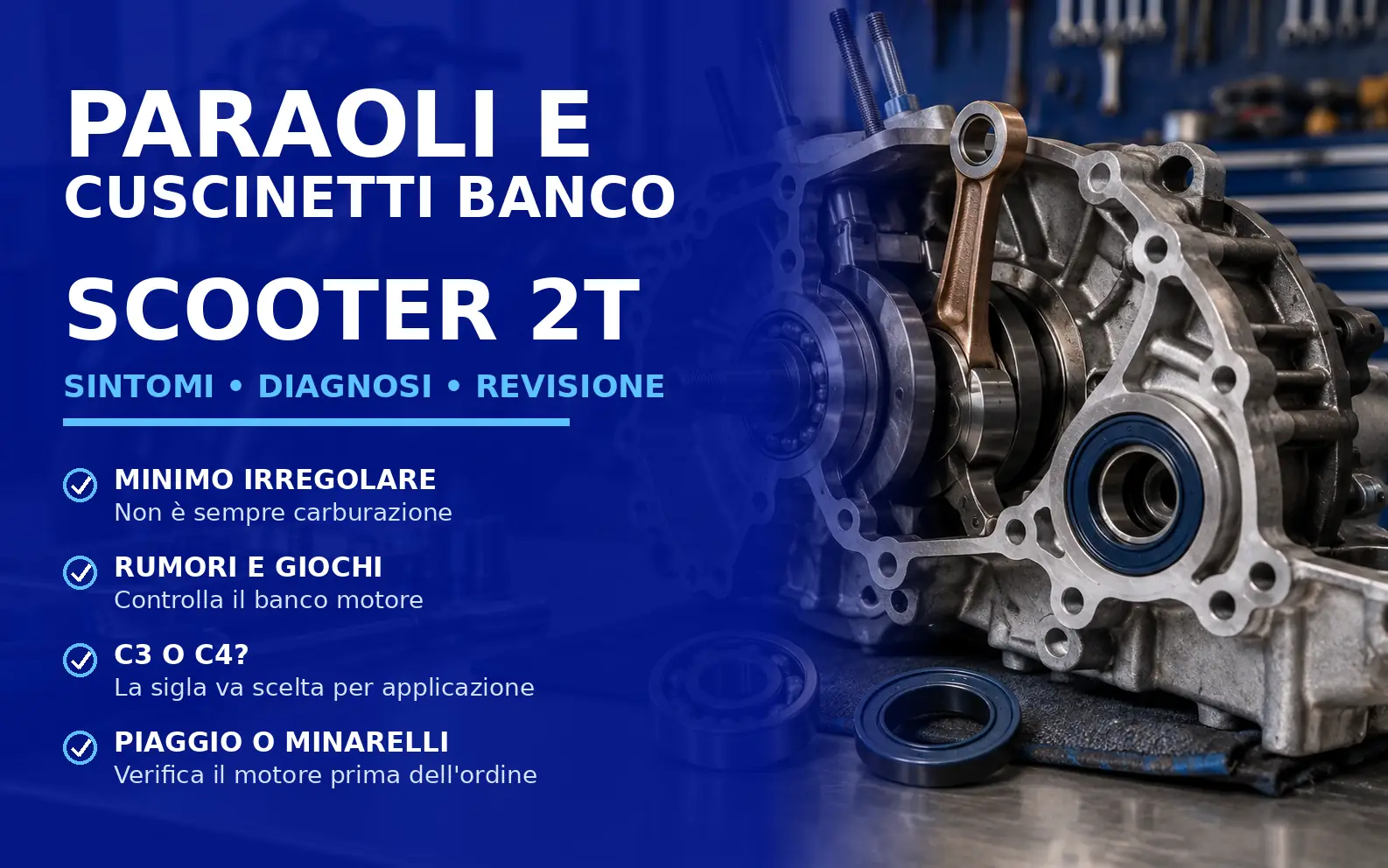 Paraoli e cuscinetti banco scooter 2T con albero motore smontato per diagnosi e revisione