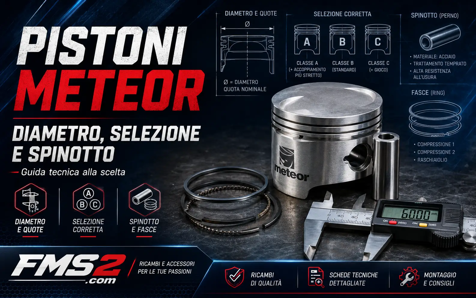 Pistone Meteor con quote diametro selezione spinotto fasce e altezza di compressione