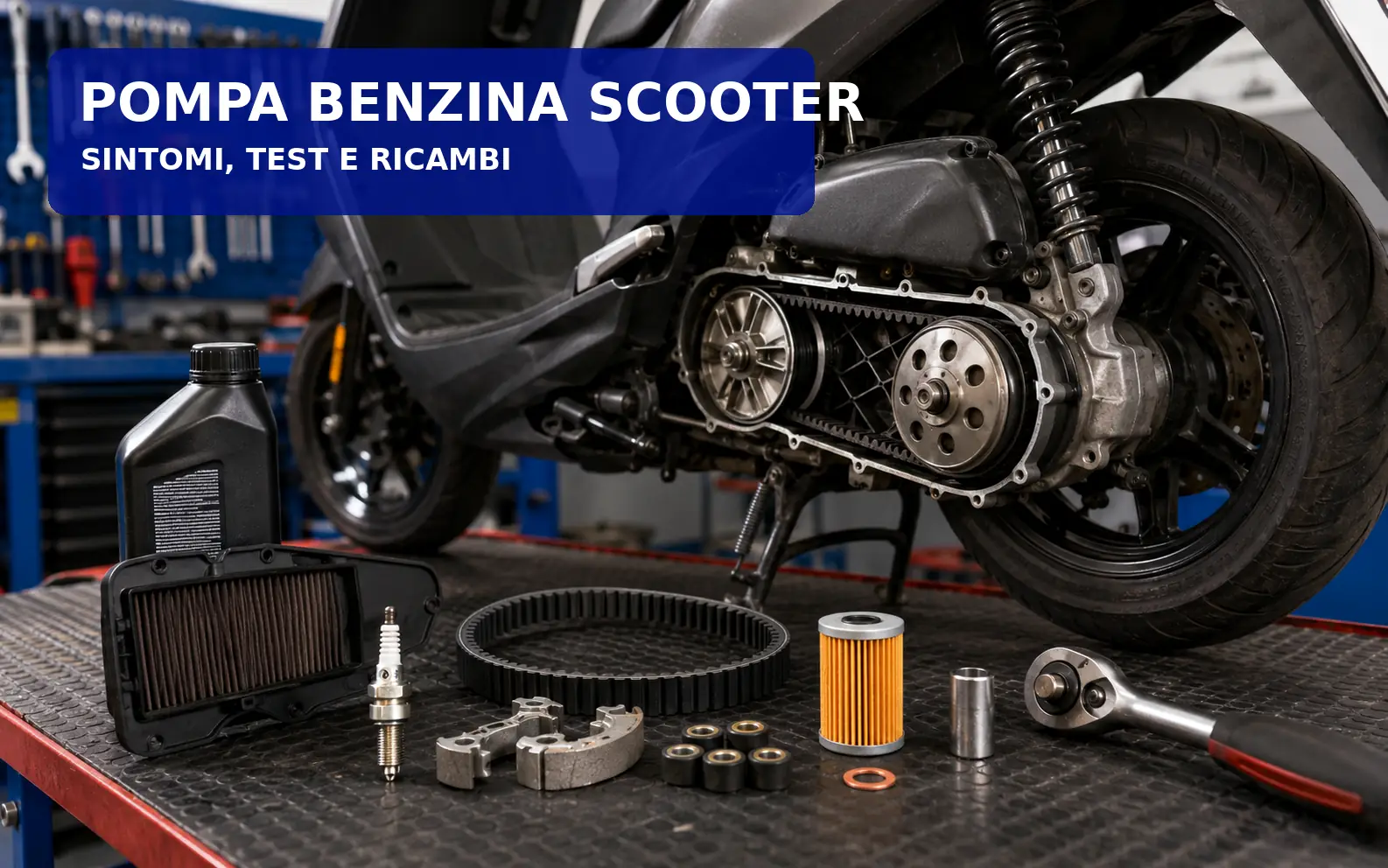 Controllo della pompa benzina di uno scooter con filtro, tubi carburante e strumenti da officina