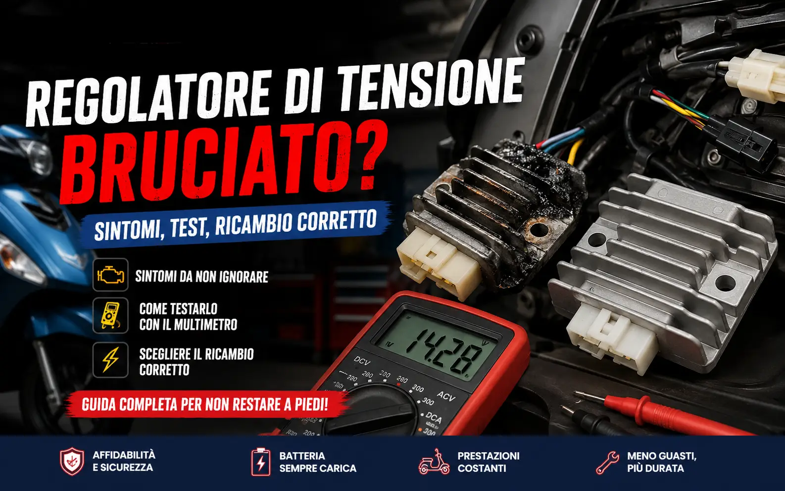 Regolatore tensione moto e scooter: sintomi, test e ricambio corretto