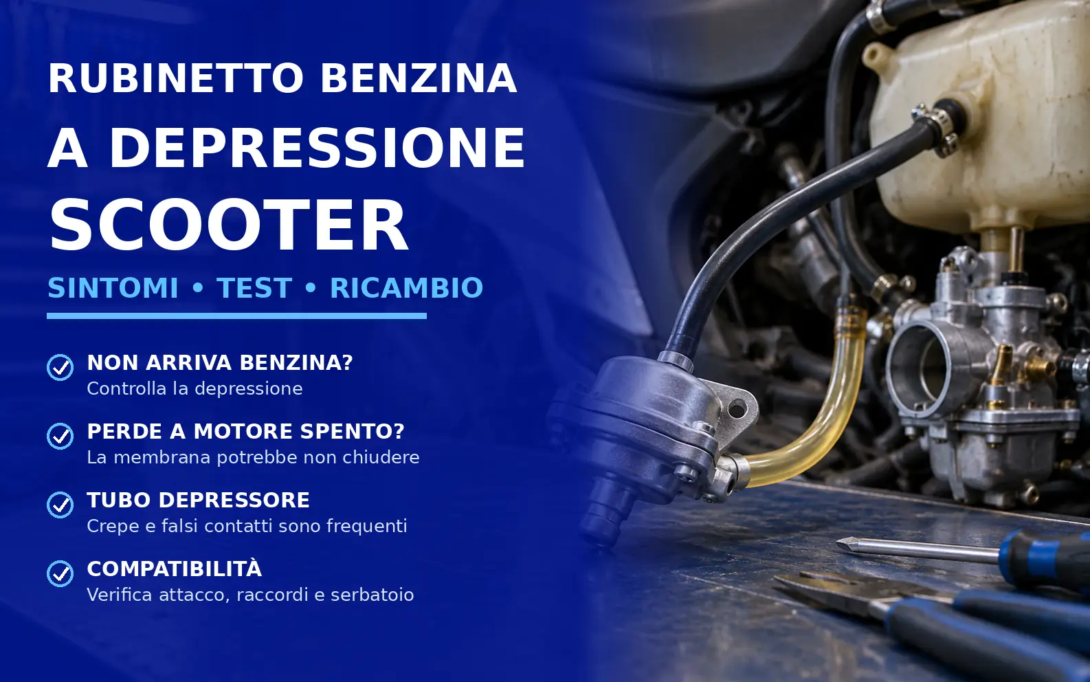 Rubinetto benzina a depressione scooter con tubi benzina e depressore durante controllo in officina