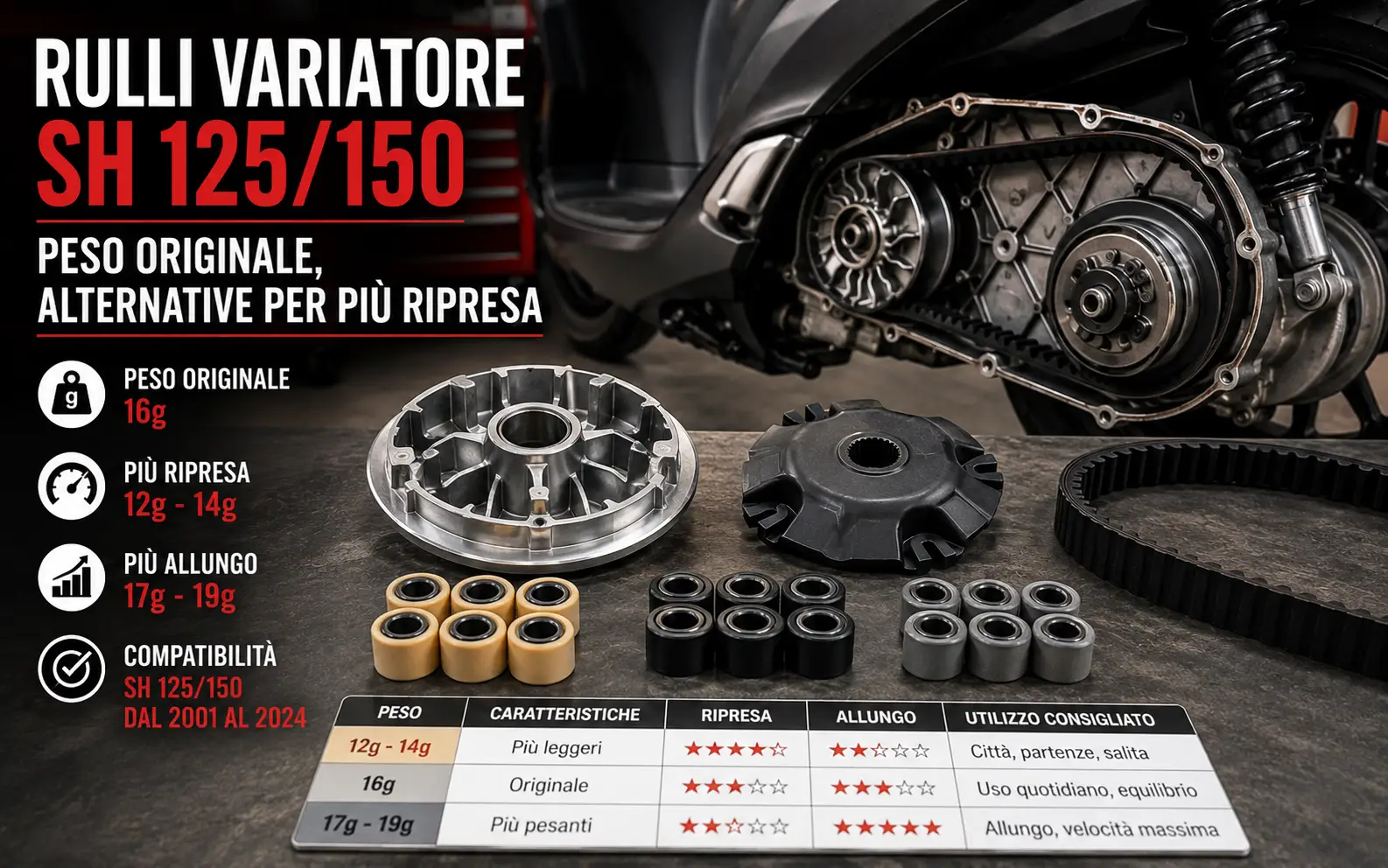 Rulli variatore SH 125/150: peso originale e alternative per pi&ugrave; ripresa