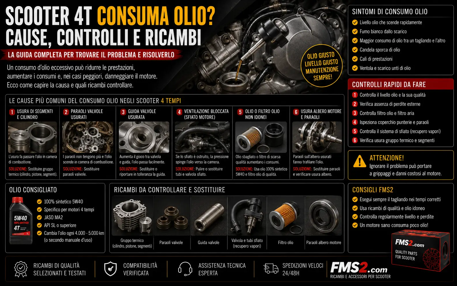 Scooter 4T che consuma olio: controllo livello, perdite, candela, fasce elastiche e guarnizioni motore