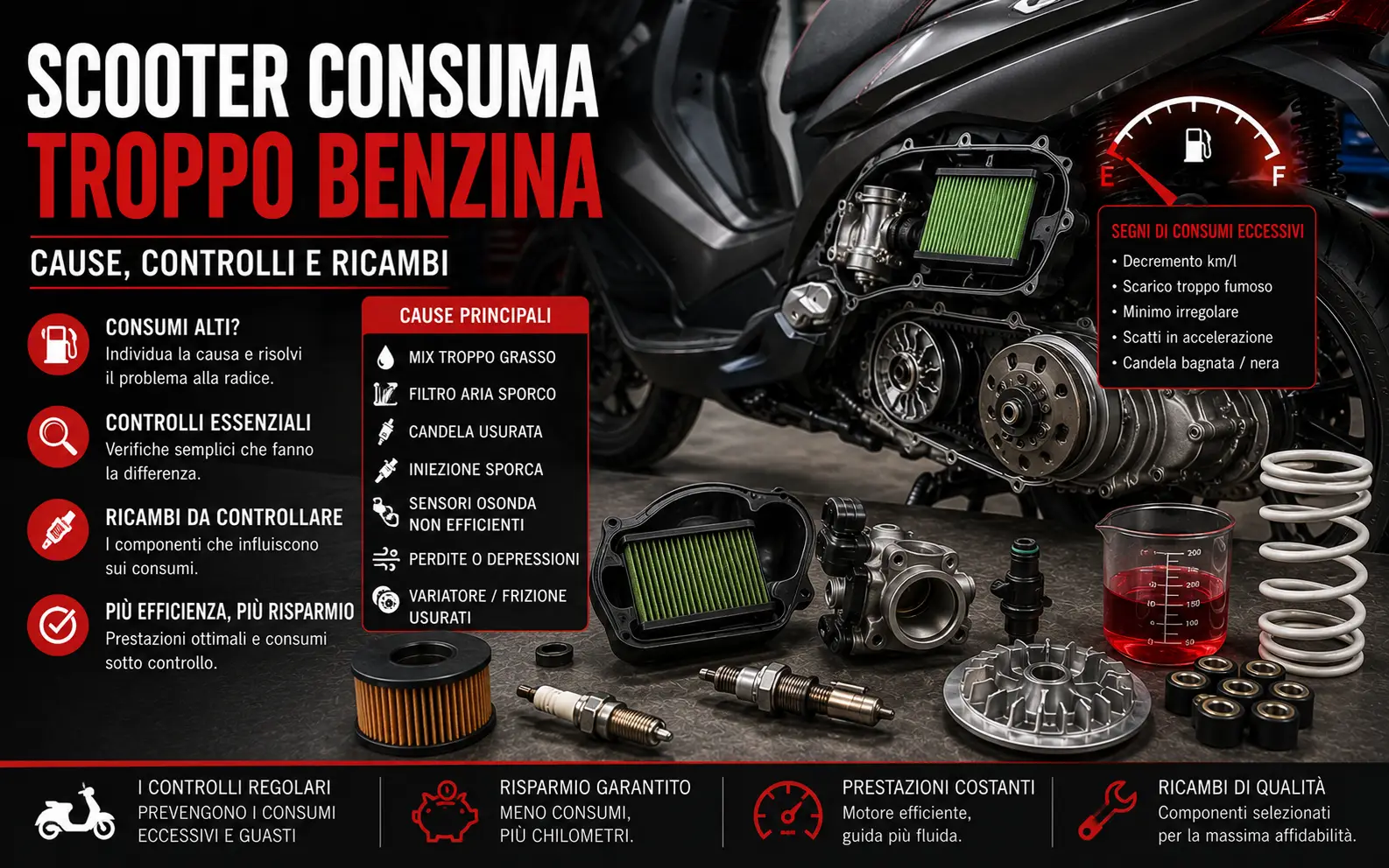 Scooter che consuma troppo benzina: controllo di candela, filtro aria, carburatore e trasmissione