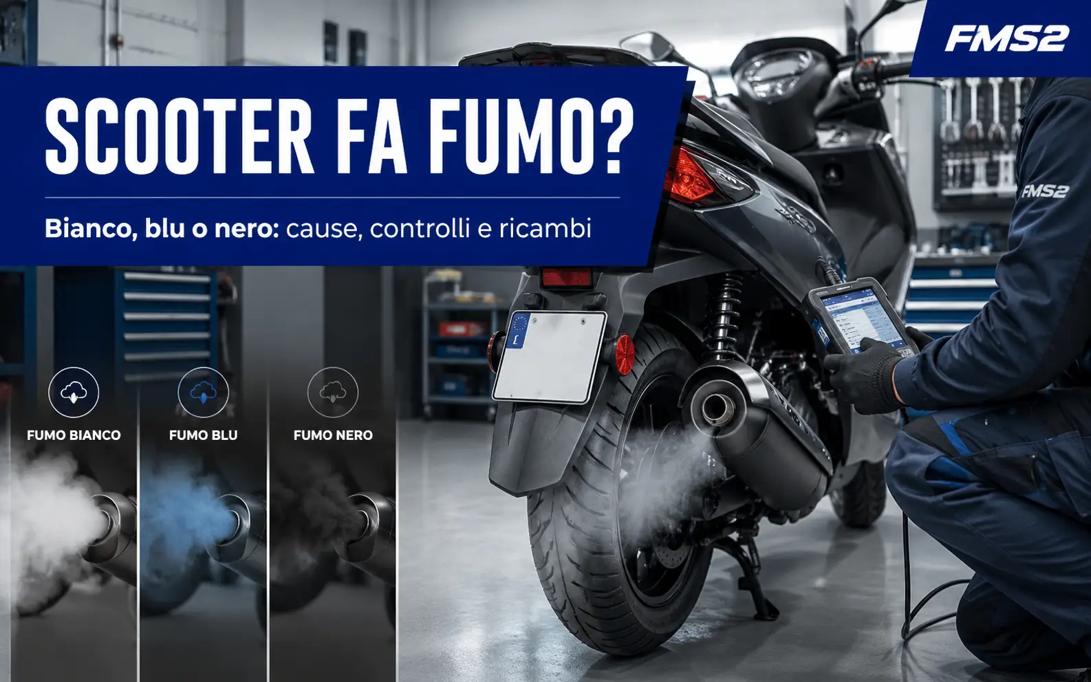 Scooter che fa fumo bianco, blu e nero: diagnosi di scarico, olio, carburazione e gruppo termico