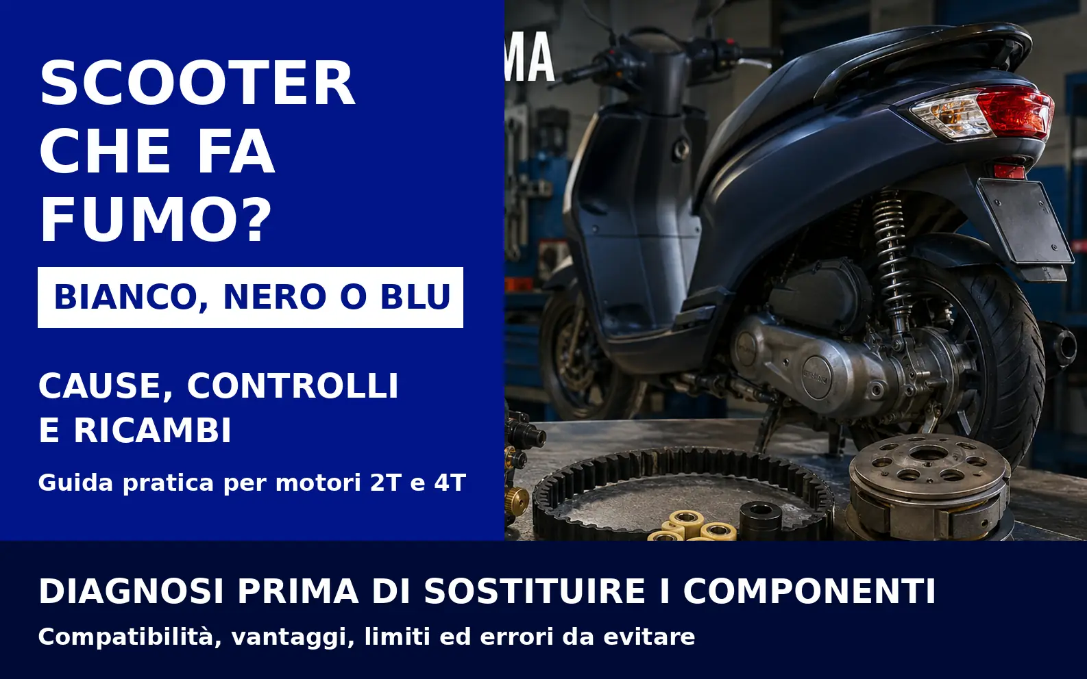 Scooter che fa fumo bianco, nero o blu: diagnosi di carburazione, filtro aria, candela, olio e componenti motore