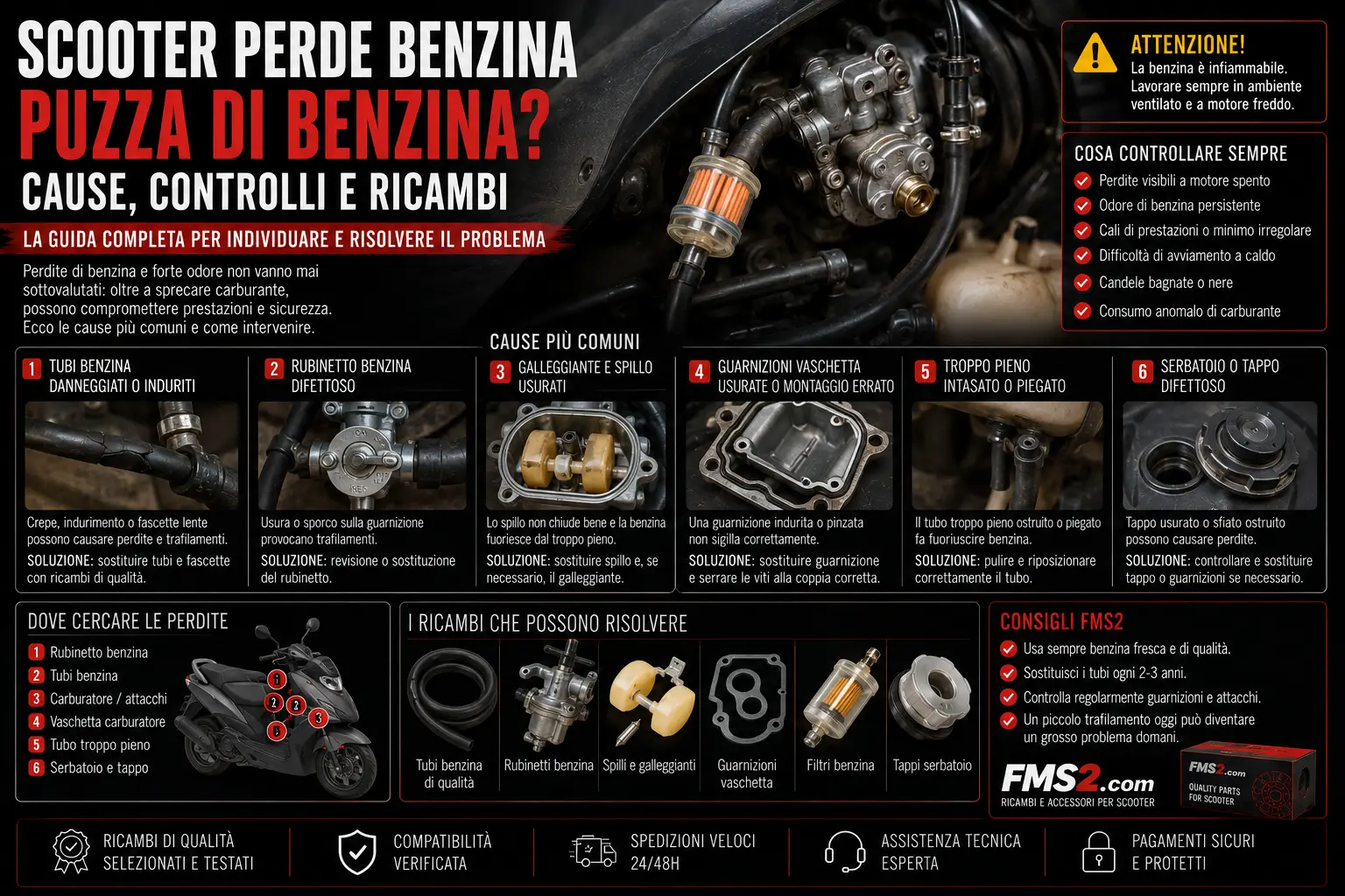 Scooter che perde benzina: controllo di tubo carburante, carburatore, rubinetto a depressione e filtro benzina