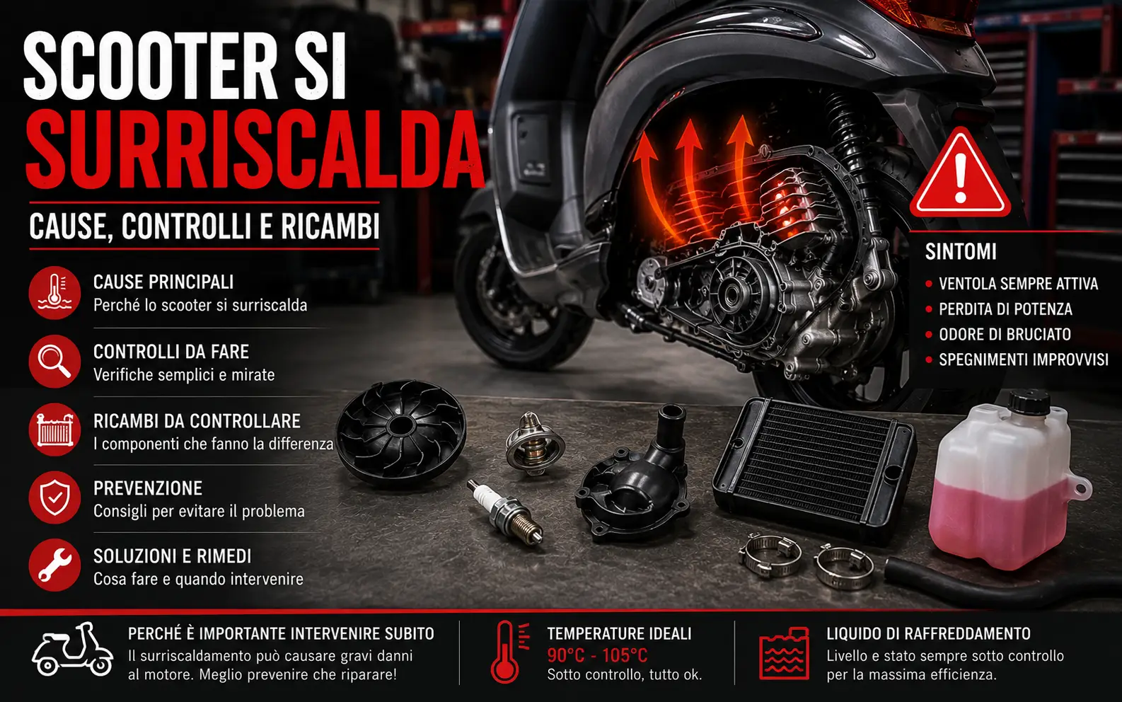 Controlli essenziali sul circuito di raffreddamento quando lo scooter raggiunge temperature troppo elevate.