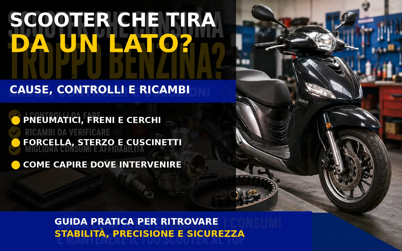 Scooter che tira da un lato con controlli su pneumatico, freno, cerchio, forcella, sterzo e cuscinetti