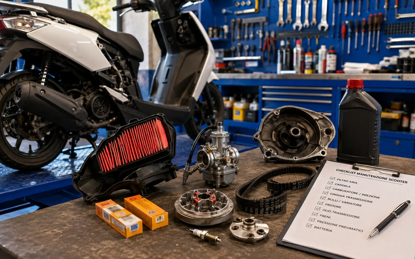 Controllo di uno scooter usato in officina con filtro aria, candela, cinghia, variatore e ricambi per la manutenzione