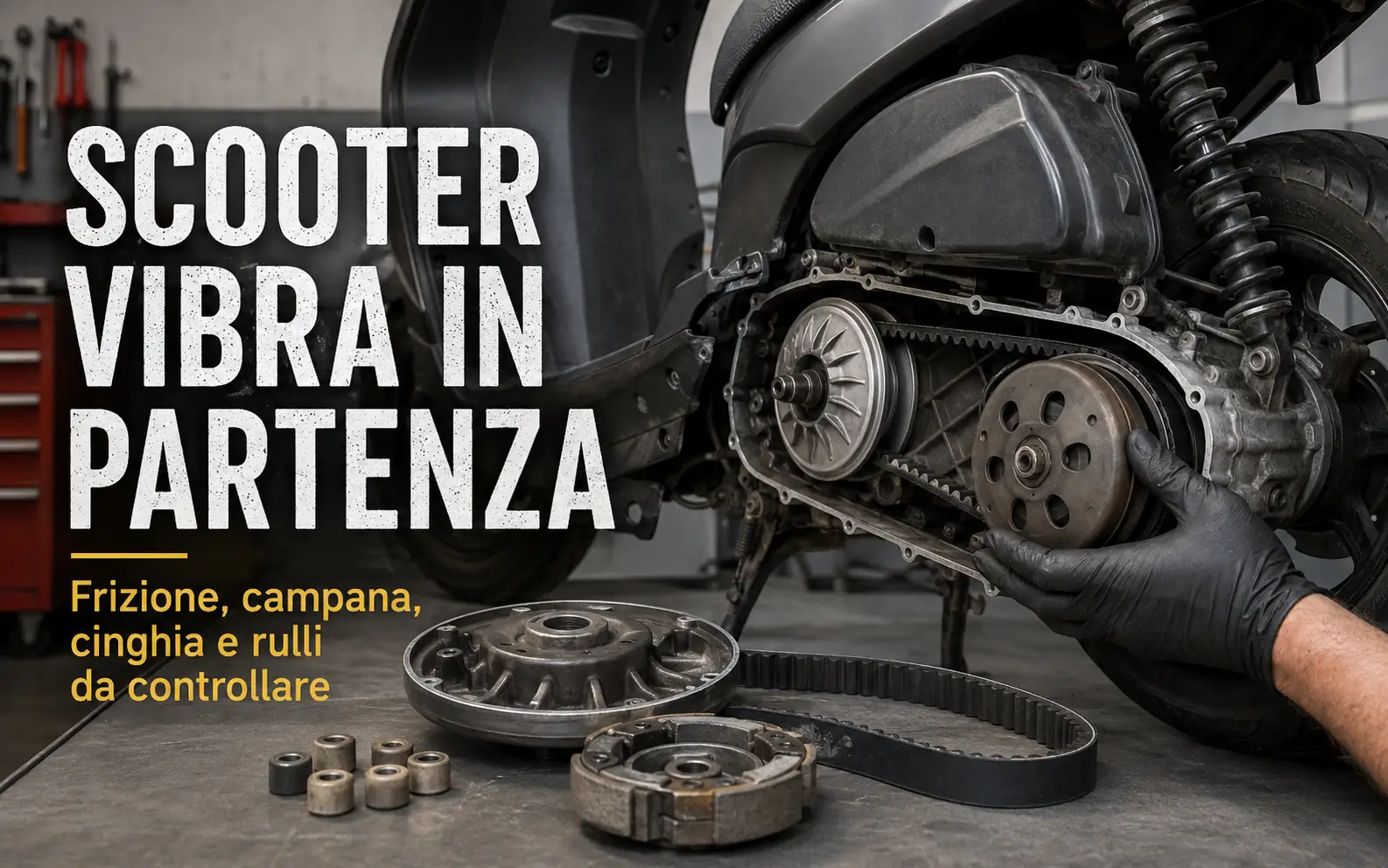 Scooter che vibra e strappa in partenza: controllo di frizione, campana, cinghia, variatore e rulli