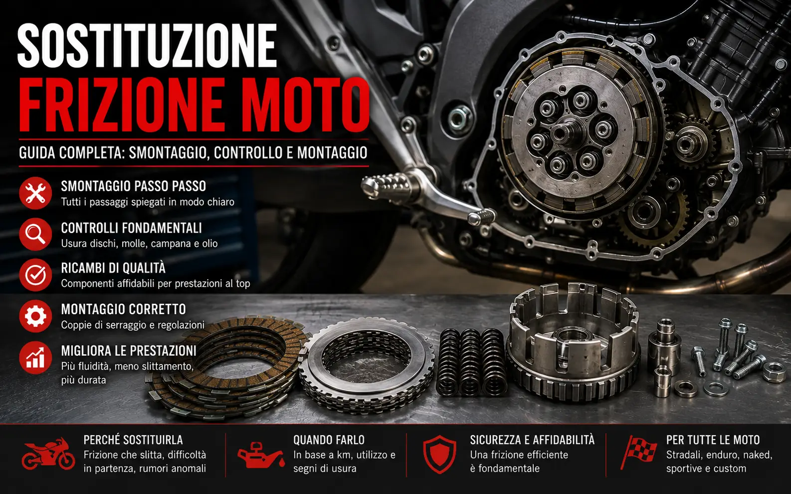 Frizione moto che slitta: sintomi, cause, dischi e molle da controllare