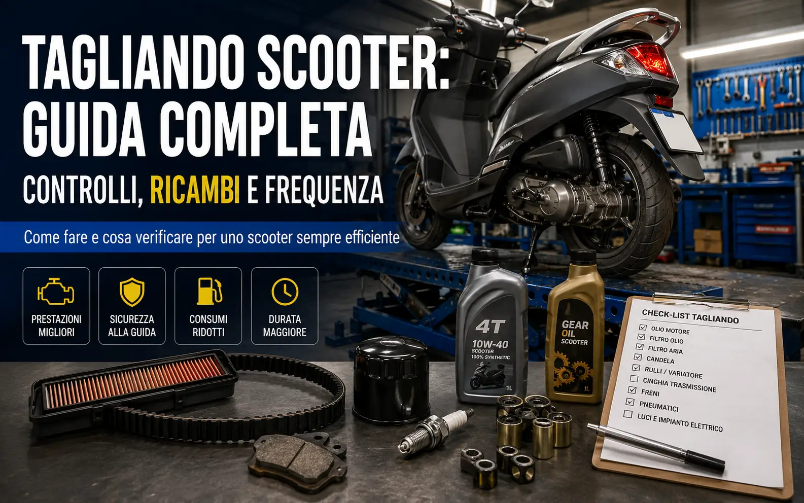 Spia motore accesa su scooter a iniezione con controlli di diagnosi, sensori, candela e alimentazione