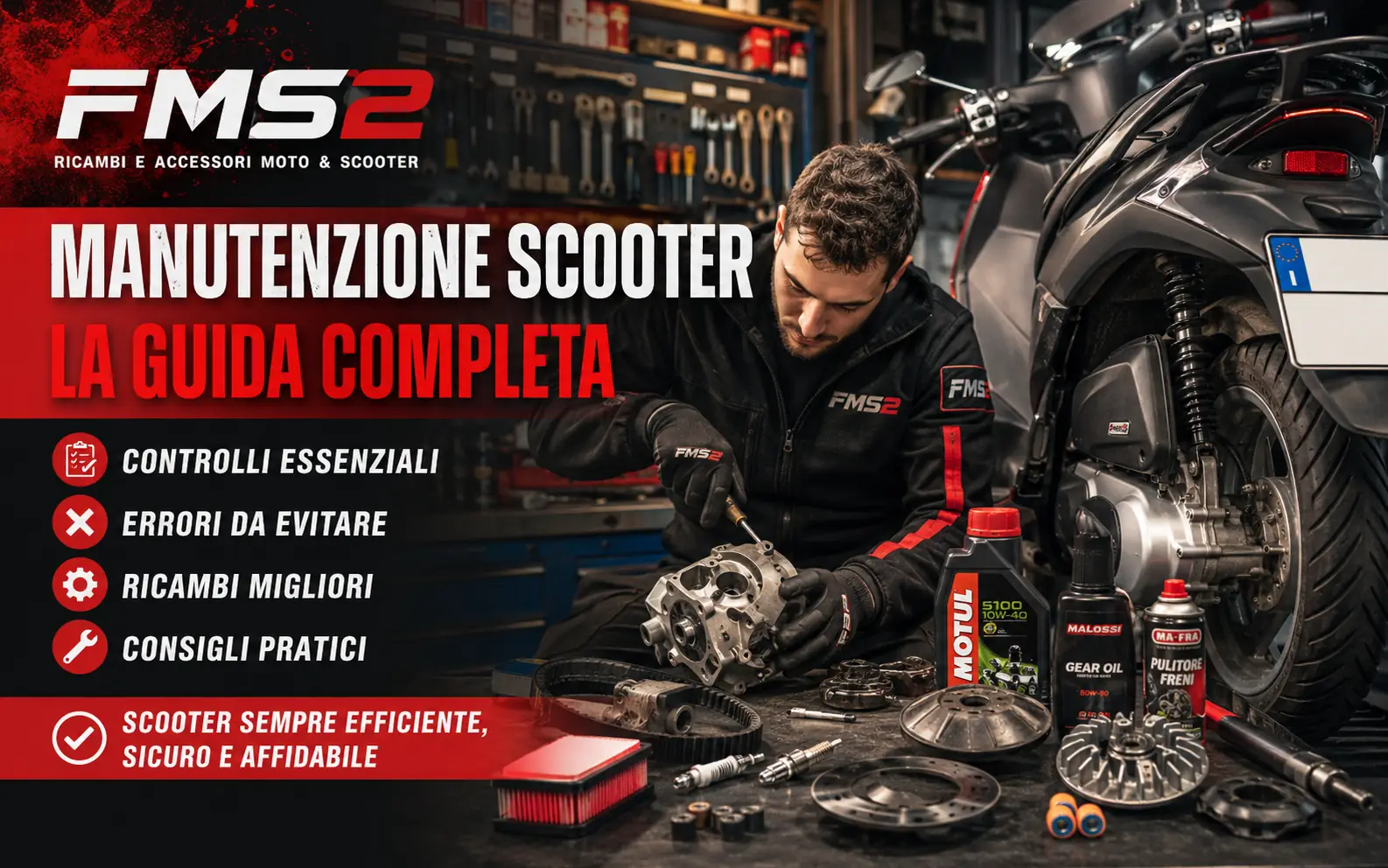 Tagliando scooter completo con controllo di olio, filtro aria, candela, trasmissione, freni e ricambi