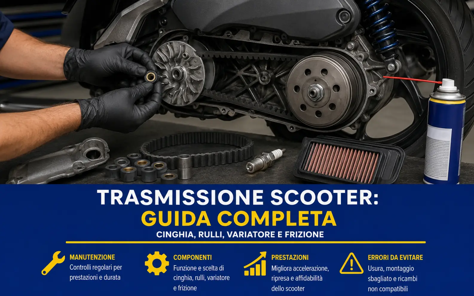Trasmissione scooter aperta con cinghia, rulli, variatore e frizione durante il controllo dei componenti