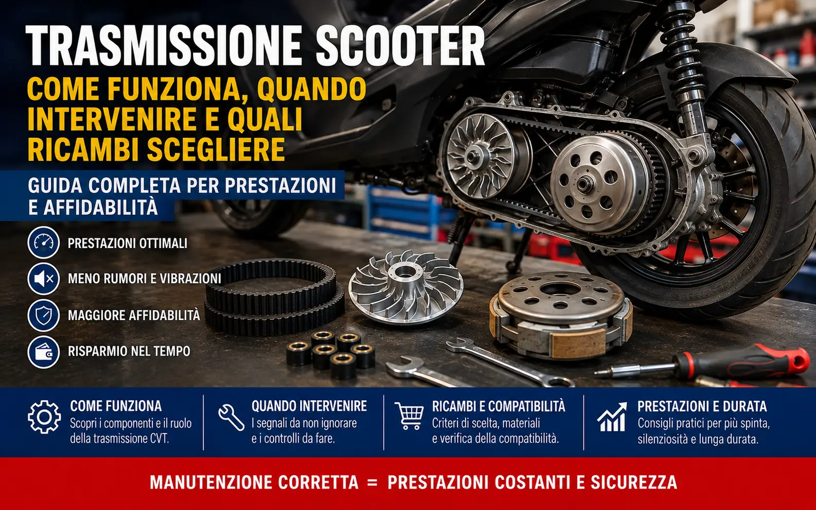Trasmissione scooter con cinghia, variatore, rulli e frizione aperta durante manutenzione