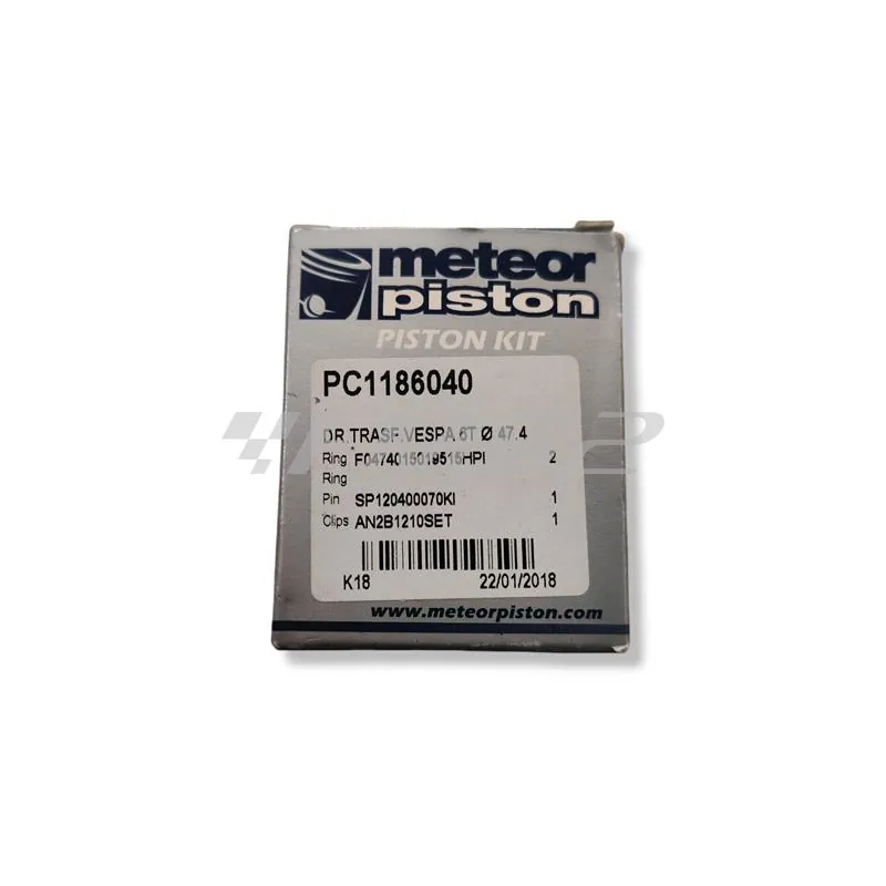 Pistone meteor completo di fasce elastiche, spinotto e seeger da abbinare al gruppo termico DR vespa 6 travasi con diametro 47,4 mm per Piaggio Vespa 50, Ape 50, PK50, ricambio PC1186040