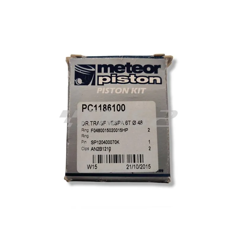 Pistone meteor completo di fasce elastiche, spinotto e seeger da abbinare al gruppo termico DR vespa 6 travasi con diametro 48,0 mm per Piaggio Vespa 50, Ape 50, PK50, ricambio PC1186100