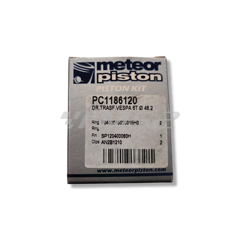 Pistone meteor completo di fasce elastiche, spinotto e seeger da abbinare al gruppo termico DR vespa 6 travasi con diametro 48,2 mm per Piaggio Vespa 50, Ape 50, PK50, ricambio PC1186120