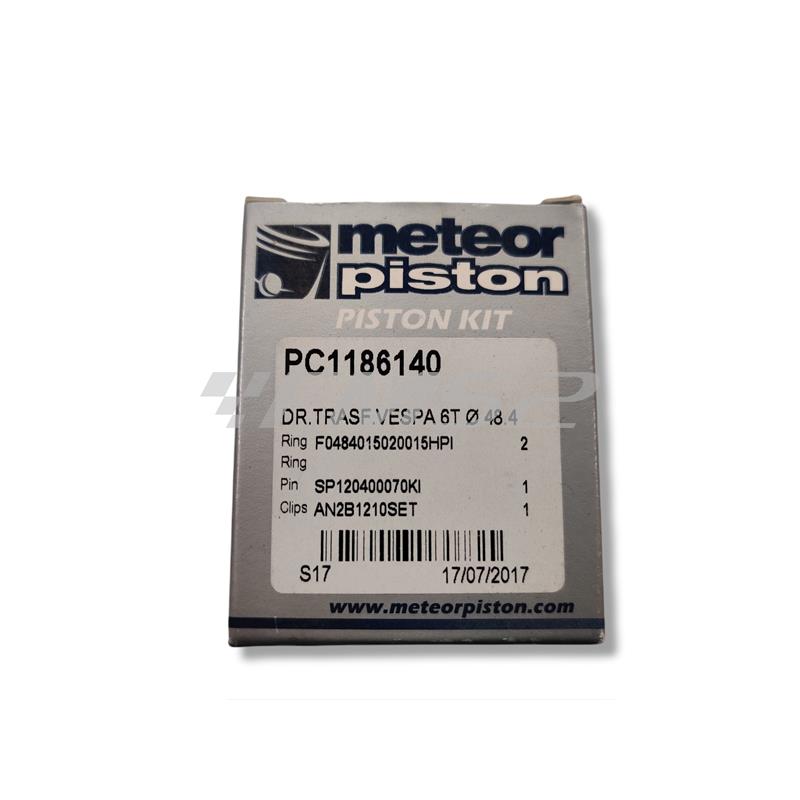 Pistone meteor completo di fasce elastiche, spinotto e seeger da abbinare al gruppo termico DR vespa 6 travasi con diametro 48,4 mm per Piaggio Vespa 50, Ape 50, PK50, ricambio PC1186140