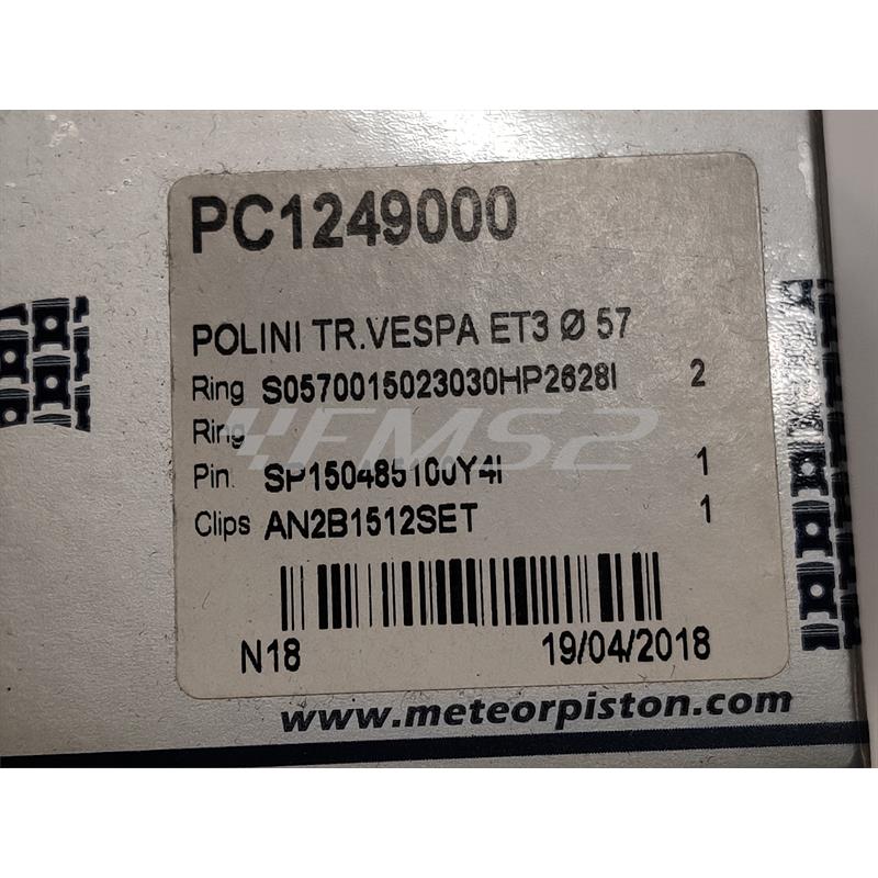 Pistone meteor completo di fasce elastiche, spinotto e seeger da abbinare al gruppo termico POLINI 130 cc luce bassa con diametro 57,0 mm per Piaggio Vespa 125 primavera, 125 ET3, PK125, ricambio PC1249000