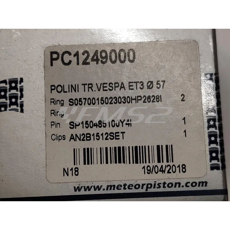 PC1249000 Pistone meteor completo di fasce elastiche, spinotto e seeger da abbinare al gruppo termico POLINI 130 cc luce bassa con diametro 57,0 mm per Piaggio Vespa 125 primavera, 125 ET3, PK125