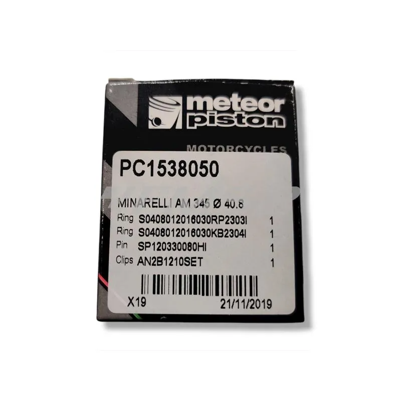 Pistone meteor bifascia per motori Minarelli AM6 con diametro 40,8 mm completo di fasce elastiche, spinotto e seeger da 12 mm, ricambio PC1538050