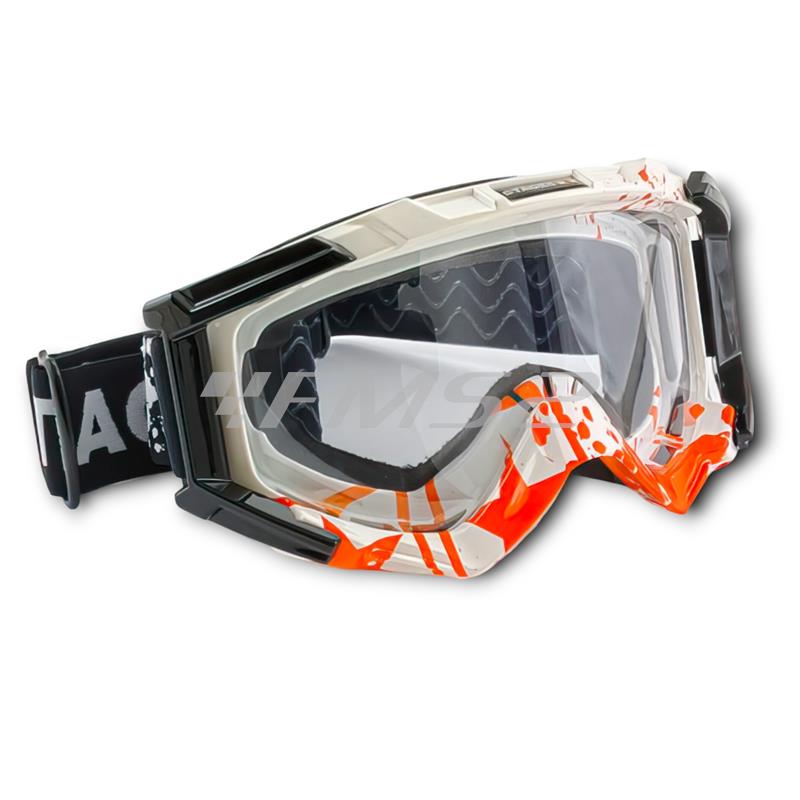 Maschera occhiali da cross Stage6 di colore bianco con elastico brandizzato per uso con caschi da cross, ricambio S608015