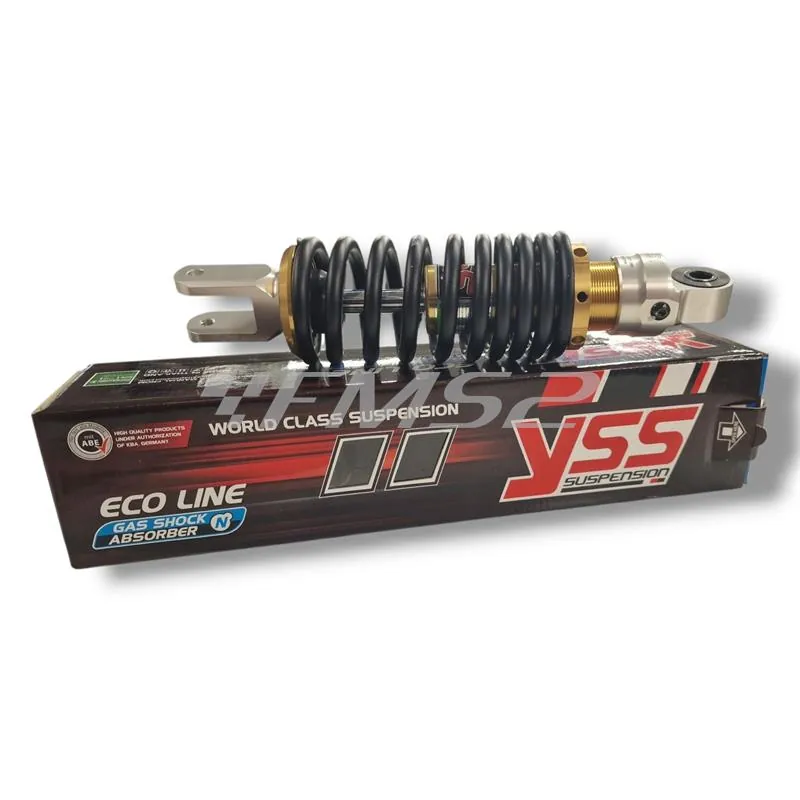 Mono ammortizzatore posteriore YSS con interasse da 250 mm modello OE302-250T-01AL-38 di colore nero, oro e alluminio e regolabile con ghiera filettata, ricambio YSOE25001